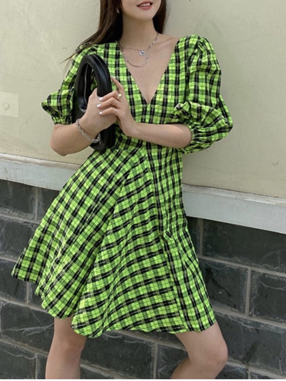 Ganni Neon Green Check Puff-Sleeve Mini Dress - Picture 6 of 10